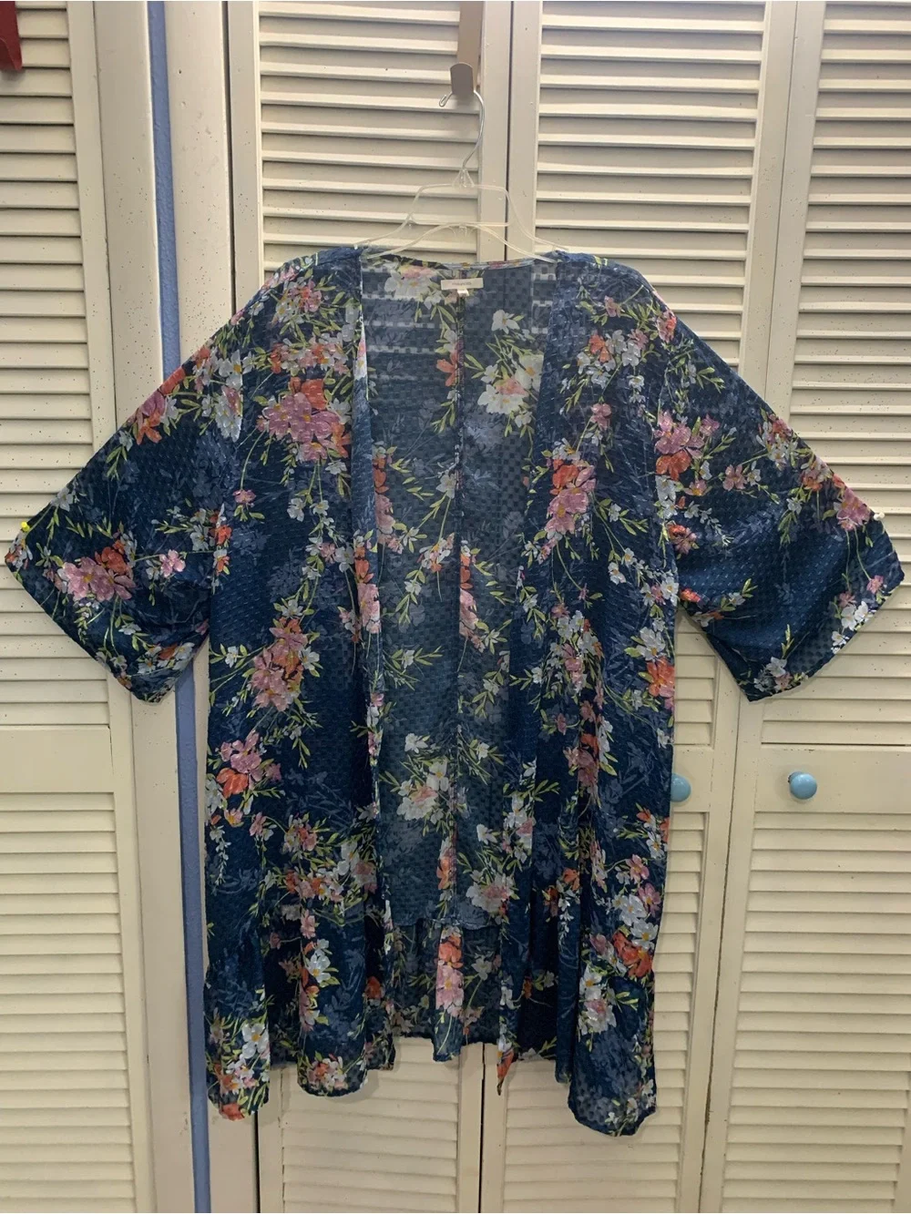 Maurices Blue Floral Textured Sheer Long Kimono Cardigan With Tiered Ruffle Hem - Picture 3 of 8